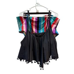 Black Flounce Pom Pom Bikini Top & Rainbow Striped High Waist Bottoms Set